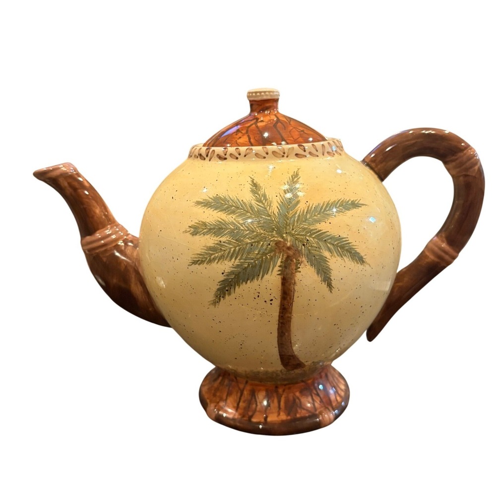 Burton & Burton Palm Tree Ceramic Teapot Tropical Beach Decor Pier 1 Style EUC